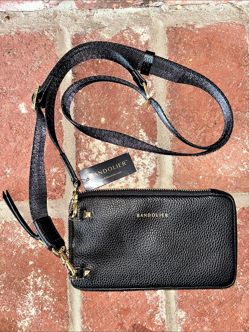 Bandolier Pebbled Leather Expanded Zip Pouch Wallet Purse Black Crossbody Bag